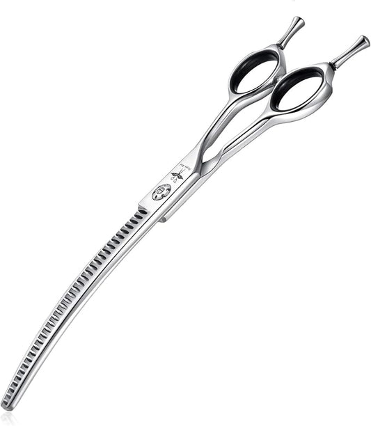 PURPLEBIRD 7 Inch Downward Curved Dog Grooming Scissors Pet Thinning Texturizing Shears Professional Safety Blunt Tip Trimming Shearing for Dogs Cats Face Paws Limbs Japanese Stainless Steel Silver