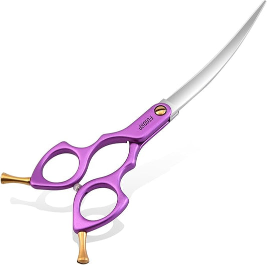 Professional Left Handed Curved Dog Grooming Scissors with Sharper Self Grinding lightweight and finely trimmed split structure 6.5'' Japan VG10 63HRC for small dogs cat pet(Purple)