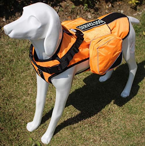 Service Dog Harness, Saddle Bag Backpack Carrier Outdoor Travel Hiking Camping Harness, Removable Saddle Bags and Patches (Orange, L Girth 26-31")