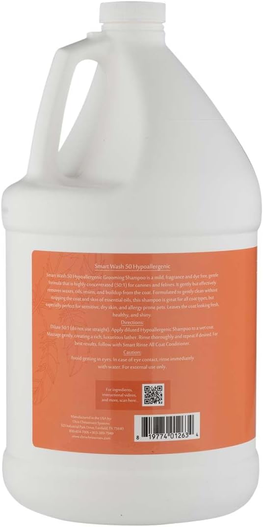 Chris Christensen SmartWash50 Hypo-Allergenic Ultra Concentrated Dog Shampoo, Makes up to 50 Bottles, Groom Like a Professional, Delightfully Fragranced, Suitable for All Coats, Made in The USA, 1gal