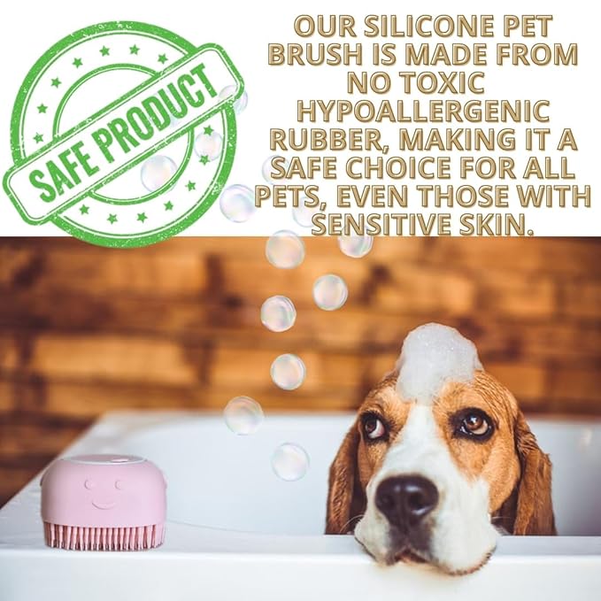 Pet Brush with Shampoo Dispenser - Yellow Silicone Bath Brush with Soap Scrubber for Relaxing & Non-Stress Grooming of Dogs and Puppies