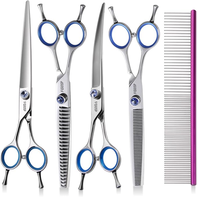 Left Handed Dog Grooming Scissors Kit 7.5 in Professional Curved Thinning Straight Shears 3pcs Set for Grooming Big Dogs Poodle Pet Japan 440C Stainless Steel(7.5'' Kit, 4Pcs)