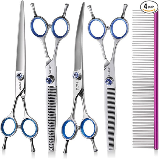 Left Handed Dog Grooming Scissors Kit 8 in Professional Curved Thinning Straight Shear 3pcs Set for Grooming Big Dogs Poodle Pet Japan 440C Stainless Steel(8.0'' Kit, 4Pcs)