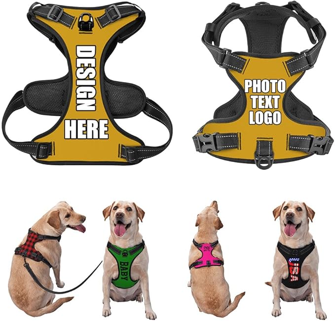 Custom Dog Harness with Name Phone No., Customized No Pull Pet Vest for Small Medium Large Dog, Personalized Heavy Duty Dog Vest, Adjustable Reflective Pet Harness Custom, Goldenrod, S