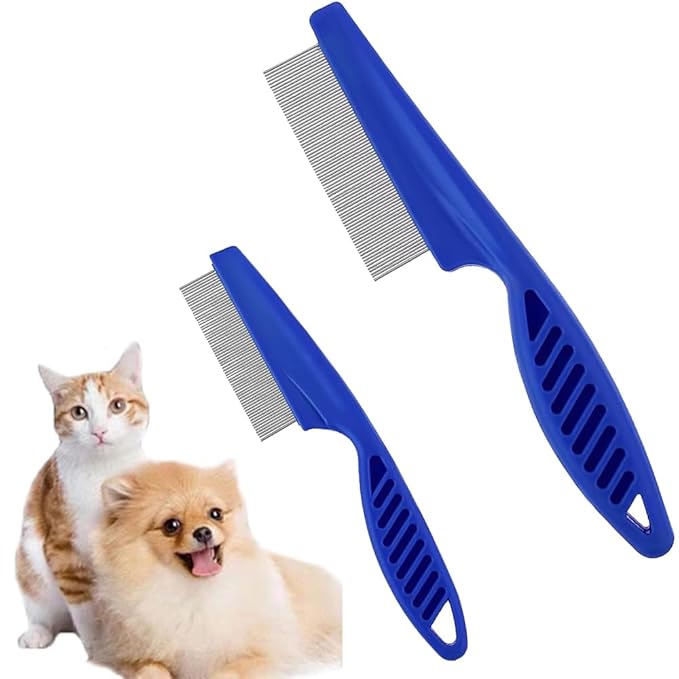 Pet Grooming Comb - 2-in-1 Multifunctional Stainless Steel Comb for Flea, Tear Stain Removal, and Dehairing Dogs and Cats' Face, Paws, and Body