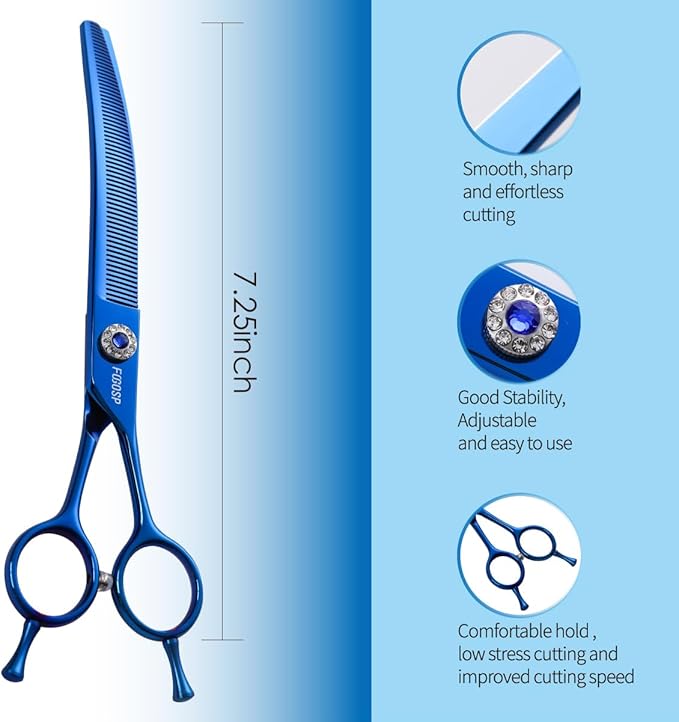 Professional Curved Thinning Shears Dog Grooming Scissors 7.25'' Blue Curved Blender Shears for Grooming Large Dogs Pet 66 Teeth Japan 440C(Curved Thinning)