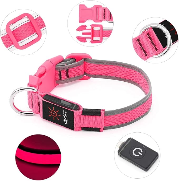 BSEEN Light Up Dog Collars - Reflective LED Dog Collar, Adjustable Puppy Collar, Rechargeable Dog Camping Gear Dog Collar Light for Small Medium Large Dogs (Large, Pink)