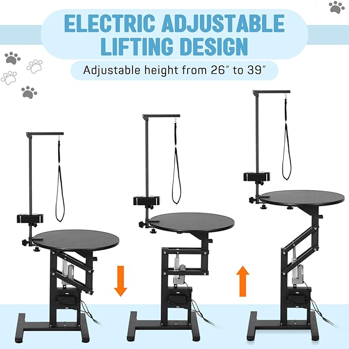 PullaFun 24" Electric Dog Grooming Table, Adjustable Overhead Arm Dog Grooming Table, Rotating Desktop Pet Grooming Table, Suitable for Household Dogs, Non-Slip Table, Black