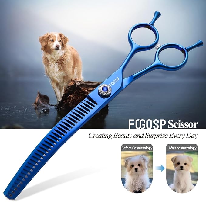 Professional Curved Chunkers Shears Dog Grooming 7.25'' Blue Curved Thinning Dog Grooming Scissors for Large Dogs Pet 35 Teeth Japan 440C(Curved Chunkers)
