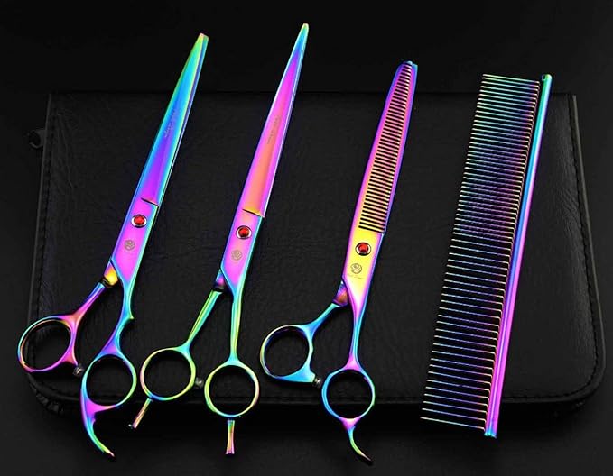 Purple Dragon 8.0" Titanium Multicolor Professional Pet Grooming Scissors Set,Straight & Thinning & Curved Scissors Shear with Bag for Dog Cat Grooming