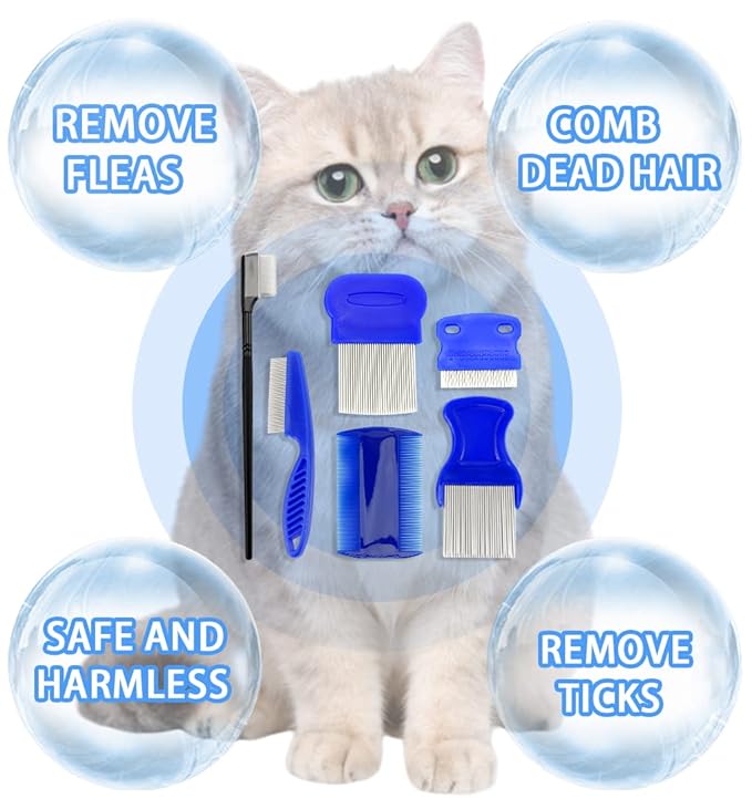 Pet Dog Eye Combs 6Pcs Flea and Tick Comb Pet Grooming Comb for Gently Cleaning Tear Marks Crust and Mucus(Black and Blue)