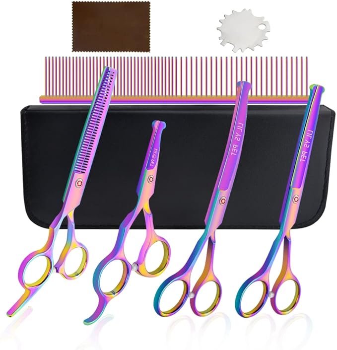 LILYS PET Safe Round-Tip Professional PET DOG Grooming Coated Titanium scissors suit Cutting&Curved&Thinning shears Set (Rainbow)
