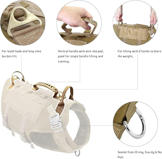 PET ARTIST Tactical Dog Harness for Hiking Training, No Pull Vest Harness for Medium Large Dogs, with Pouches and Patches Coyote Brown, M