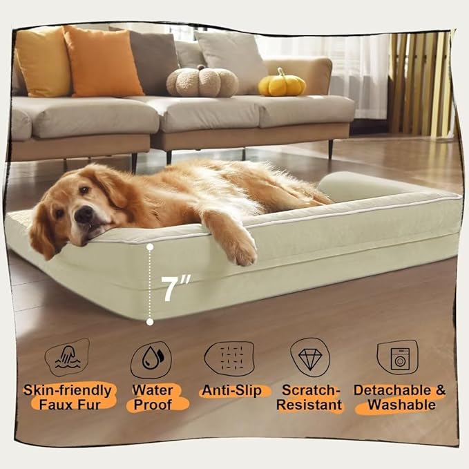 Large Dog Bed Orthopedic Washable: Extra Large Big Dog Bed with Removable Bolster & Memory Foam Couch Sofa - Waterproof Washable with Cover - Beige Dog Bed