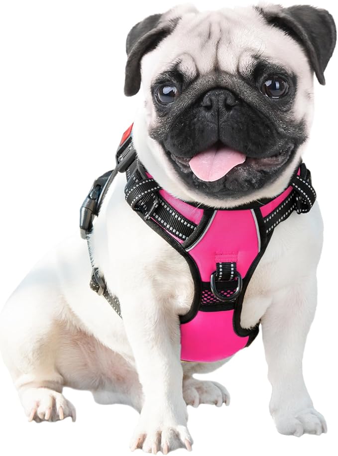 PHOEPET Reflective Dog Harness Large Breed Adjustable No Pull Vest with Handle 2 Metal Rings 3 Buckles [Easy to Put on & Take Off](XL, Pink)