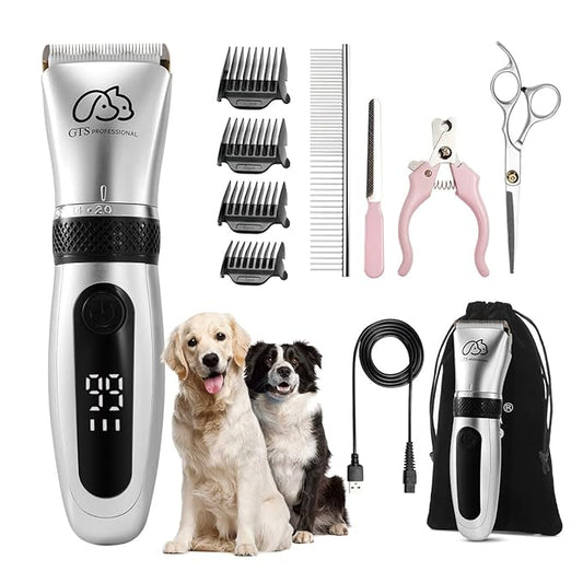 GTS Pet Clippers Professional Dog Grooming kit Adjustable Low Noise High Power Rechargeable Cordless Pet Grooming Tools, Hair Trimmers for Dogs and Cats, Washable（IPX5, with LED Display.