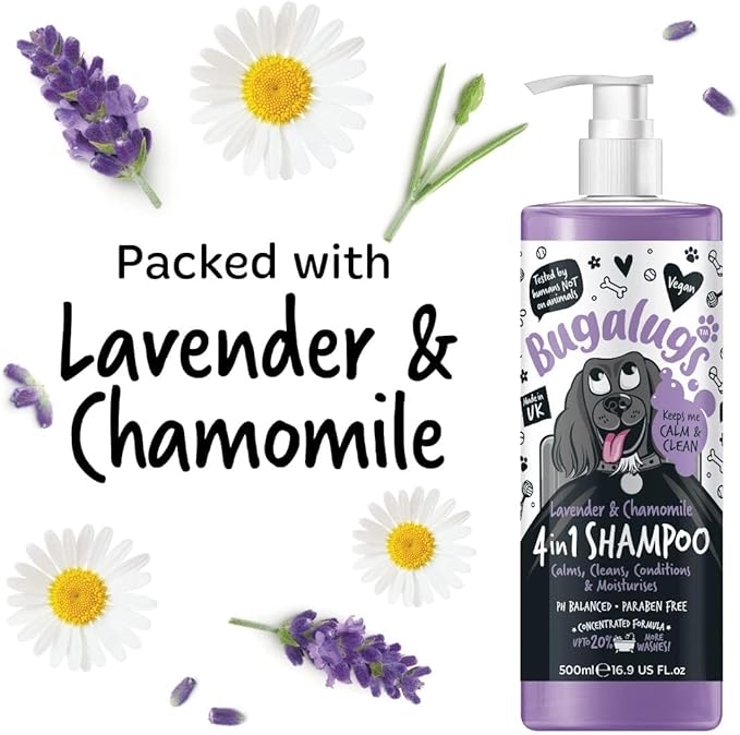 Dog Shampoo by Bugalugs Lavender & Chamomile 4 in 1 Dog Grooming Shampoo Products for Smelly Dogs with Fragrance, Best Puppy Shampoo, Vegan pet Shampoo & Conditioner