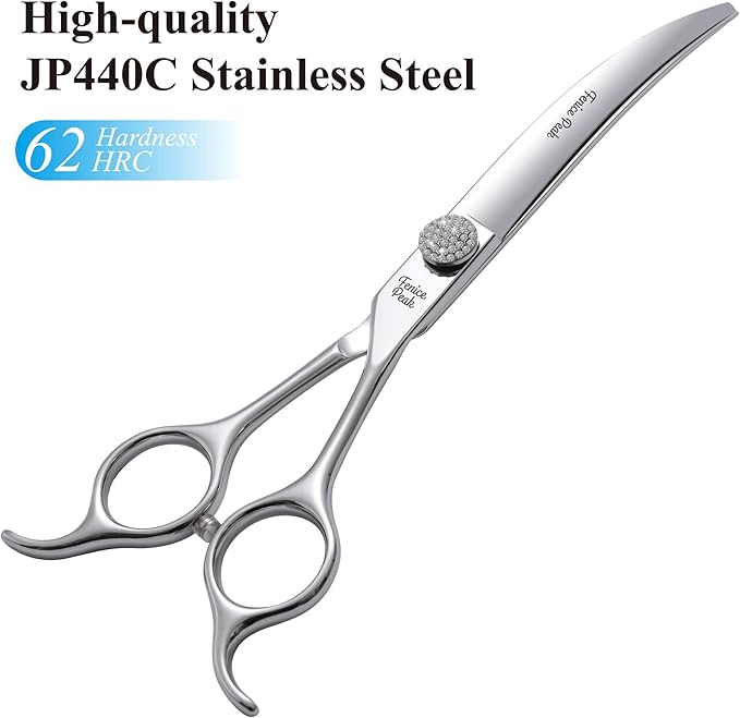 Fenice Peak 6.5‘’ Extra Curved Dog Grooming Scissors with Jewelled Screw 440C Stainless Steel Pet Grooming Bending Scissors with Symmetrical Handle for Professional Groomer and Home User
