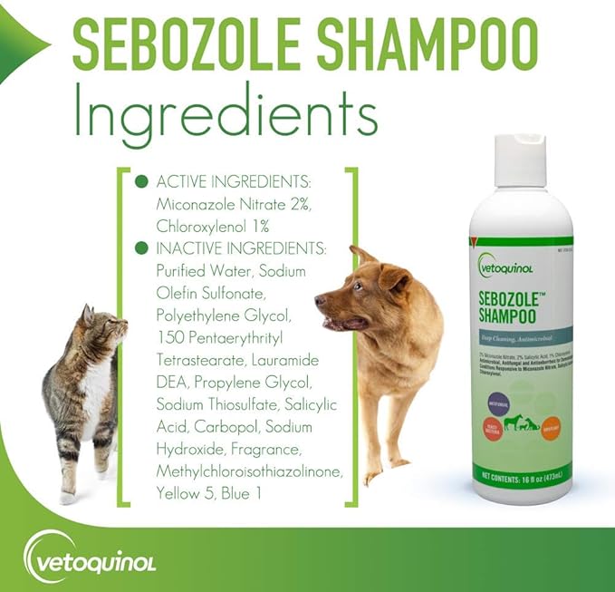 Vetoquinol Sebozole Pet Shampoo with Miconazole Nitrate 2% and Chloroxylenol 1%, 16oz