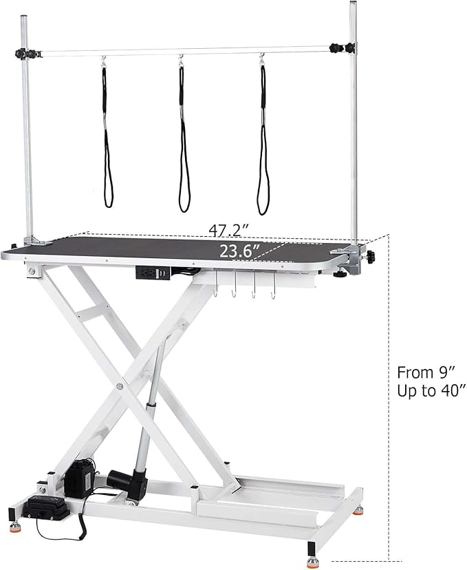 Upgraded Electric Dog Grooming Table - Heavy Duty, Height Adjustable (9.4"-39.4") Pet Grooming Table w/Leveling Wheels, X Lift, Anti Slip Tabletop & Tool Organizer/Dog Grooming Station, 47"/White