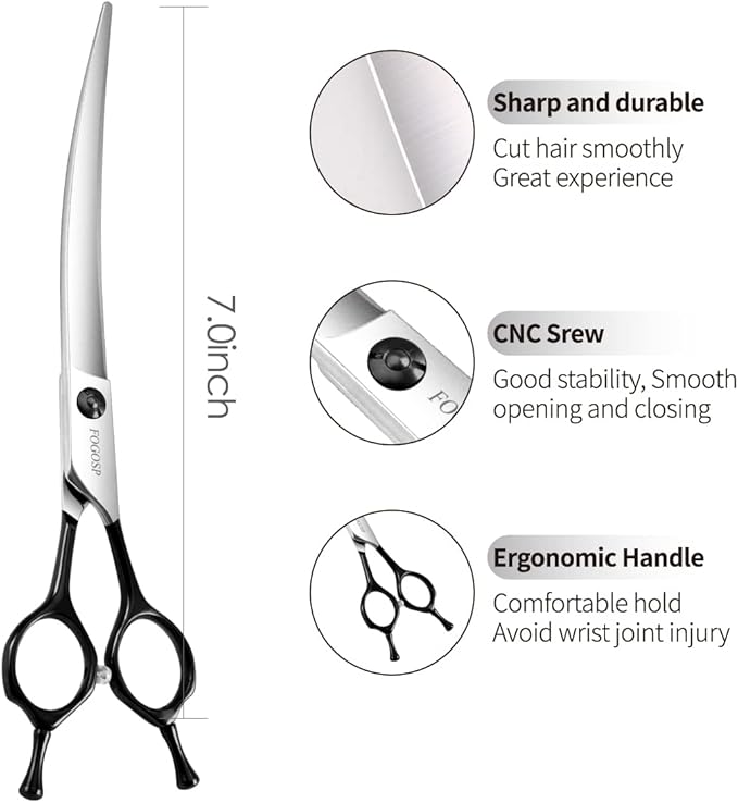 Curved Dog Grooming Scissors Professional 7" Grooming Shears for Dogs Pet Right Handed Groomer Japan 440C Stainless Steel (7 in Curved, Black)