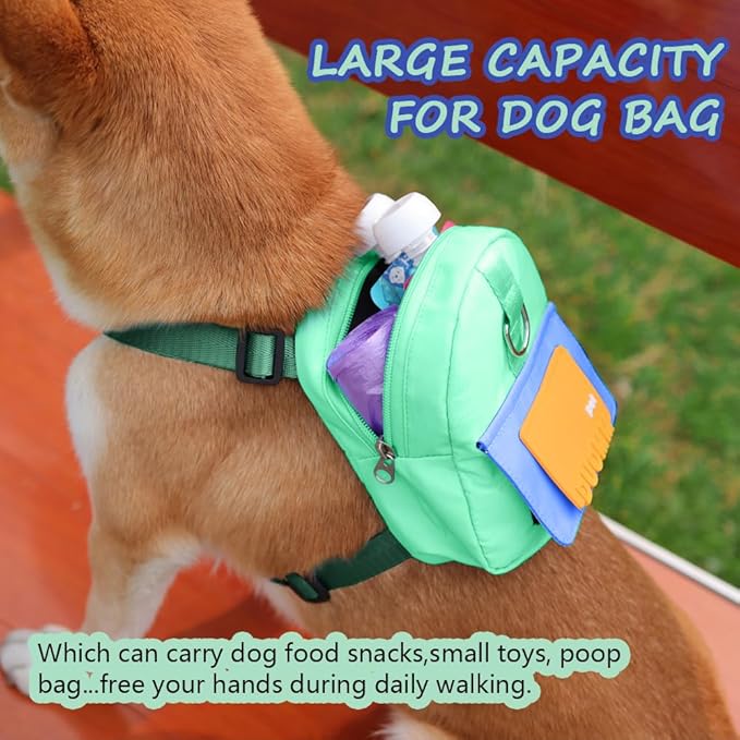Dog Backpack Harness with Leash,Cute Pet Puppy Backpacks Bulid-in Dog Poop Bag Dispenser,Adjustable Pets Self Carrier Bag for Small Medium Dogs Travel Hiking Daily Walking(M, Green)