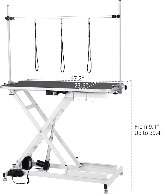 47” Electric Lift Dog Grooming Table (White), Heavy Duty Electric Grooming Arm Table for Pets & Large Dogs Adjustable Height: 9.4"-39.4" Non-slip Desktop with Gantry Crane Set, Fixture *4 Noose*2