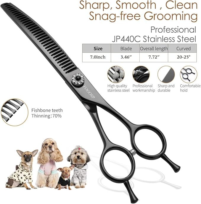 Curved Thinning Shears 7'' Chunker Shears Japan 440C Stainless Steel Professional Dog Scissors for Grooming Small Medium Pet 75% Thinning Rate(BLACK)