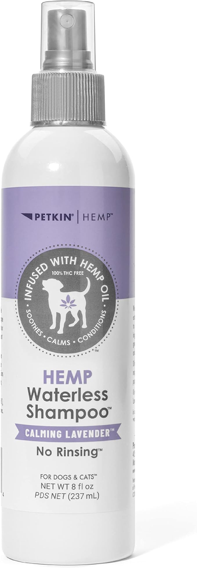 Petkin Hemp Waterless Dog Shampoo Spray – with Hemp Oil & Calming Lavender Extract, 8 fl oz – for Cats and Dogs – Soothes, Calms & Conditions, Keeps Pet Smelling Great – for Home and Travel