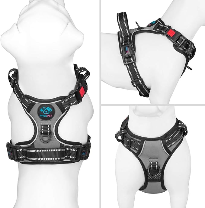 PHOEPET No Pull Dog Harness Medium Reflective Front Clip Vest with Handle,Adjustable 2 Metal Rings 3 Buckles,[Easy to Put on & Take Off](XL, Grey)