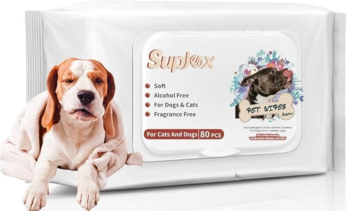 Dog Cleaning and Grooming Wipes for Paws, Butt and face & Cats, Soft Cleaning and deodorizing, no Fragrance, 80 Count for Allergies and Itches.