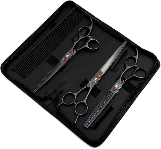 Smith Chu Professional Pet Dog Grooming Scissors Kit - Premium Stainless Steel Straight Curved Thinning Blade Dog Hair Cutting Shears Set -Best Tools for Trimming,7 inch Gun Black with Case (Set)