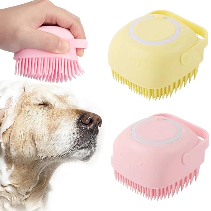 Dog Bath Brush Scrubber Soft Silicone Pet Grooming Brush Bath Shampoo Massage Dispenser Shower Brush For Short Long Haired Dogs And Cats (Blue+Pink) (Pink&Yellow)
