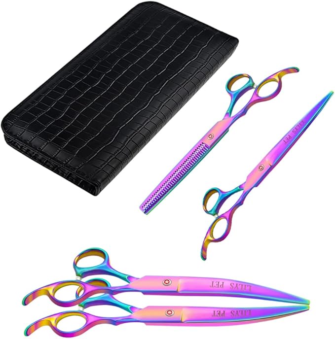 LILYS PET Professional PET DOG Grooming Coated Titanium scissors suit Cutting&Curved&Thinning shears (7.0 inches, Rainbow)…