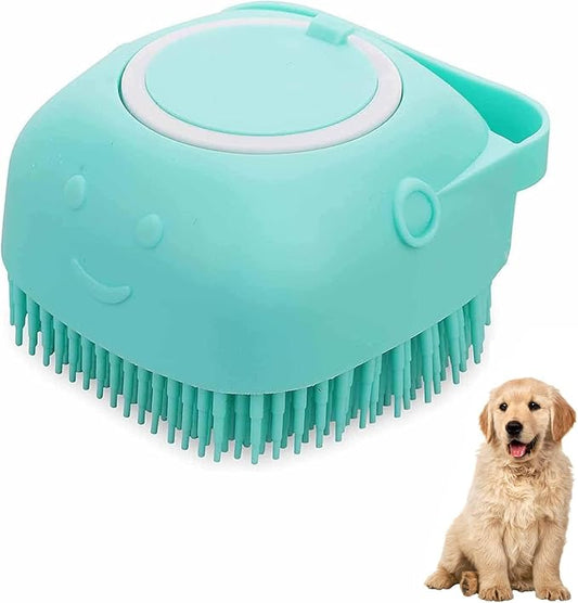goodbark's Pet Grooming Bath Massage Brush with Soap and Shampoo Dispenser Soft Silicone Bristle for Long Short Haired Dogs Cats Shower (Blue)