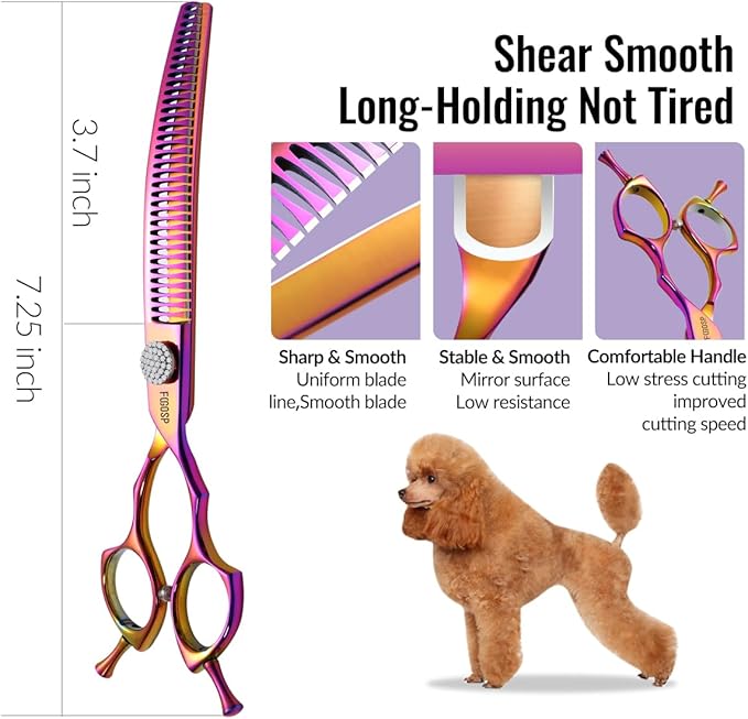 Professional Curved Chunkers Shears Dog Grooming 7.5'' Rainbow Curved Thinning Scissors for Large Dogs, 35 Teeth, Japan 440C Stainless Steel, Purple