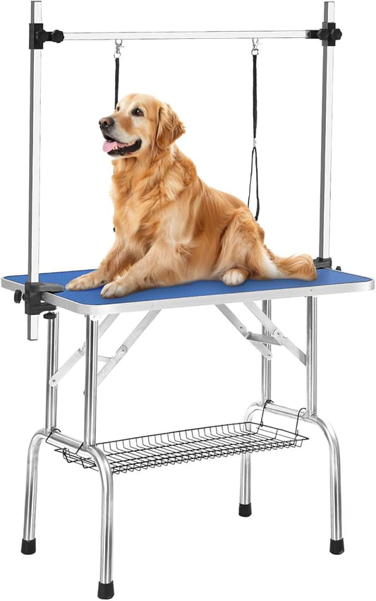 Grooming Table for Dogs, 46" Portable Grooming Table for Large Dogs at Home, Foldable Dog Grooming Table with Arm, Noose, Mesh Tray, Maximum Capacity 300 LBS, Blue