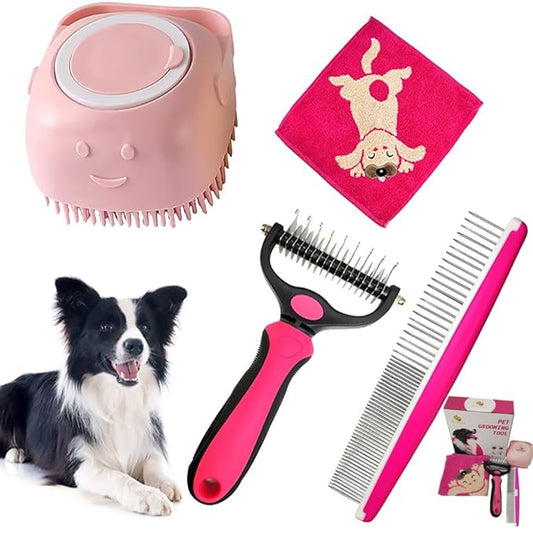 Dog & Cat Grooming Combo - 4-in-1 Brush Kit with Hair Remover, Knot Detangler, and Shampoo Dispenser
