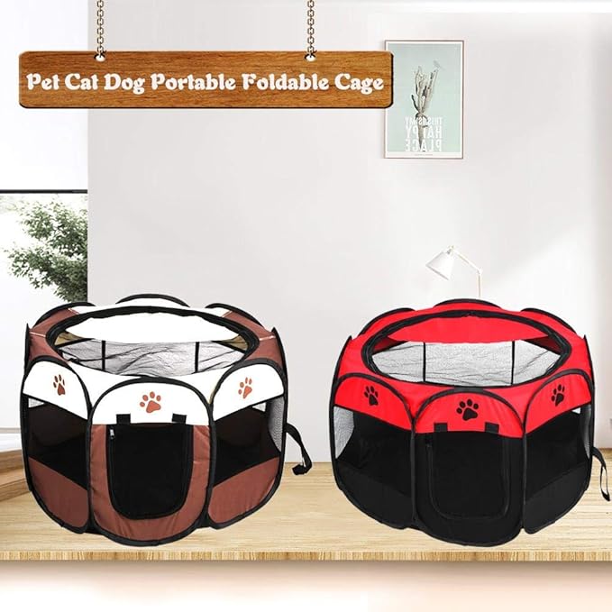 Pet Cat Dog Portable Foldable Cage Exercise & Play Tent Mesh Cover Indoor/Outdoor Use(Red)