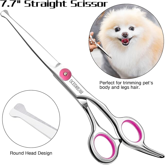 Professional Dog Grooming Scissors with Safety Round Tips, 5 in 1 Dog Grooming Scissors Kit, 4CR Stainless Steel Professional Pet Grooming Shears for Dog, Sharp and Durable, Pink