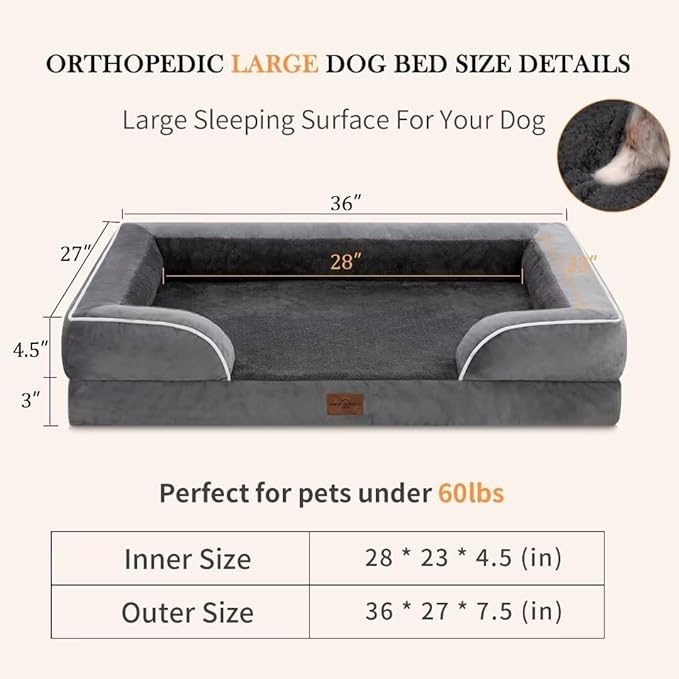 Waterproof Large Dog Beds Orthopedic Foam Dog Beds for Large Dogs Sofa Comfy Pet Bed with Washable Removable Cover & Non-Slip Bottom(Large,Dark Grey)