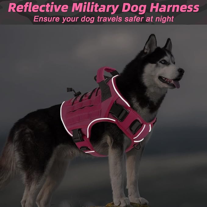 WINGOIN Pink Harness with Handle Tactical Dog Harness for Large Dogs No Pull Adjustable Reflective K9 Military Dog Vest Harnesses for Labrador Retriever, Siberian Husky, German Shepherd Dog (L)
