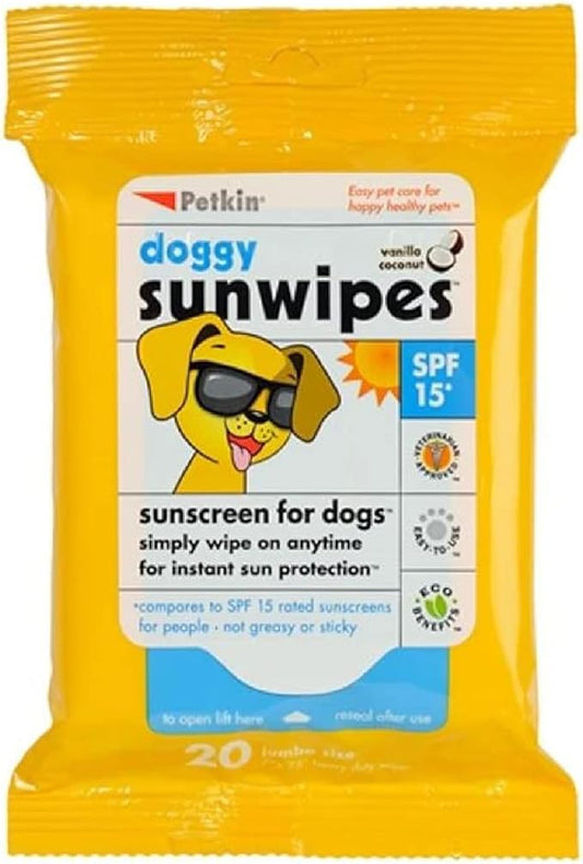 Petkin Dog Sunscreen Sunwipes - Sunscreen for Dogs, SPF 15 - Simply Wipe on Anytime for Instant Sun Protection - Includes 20 Jumbo Size Wipes, Vanilla Coconut Scent - Ideal for Home or Travel