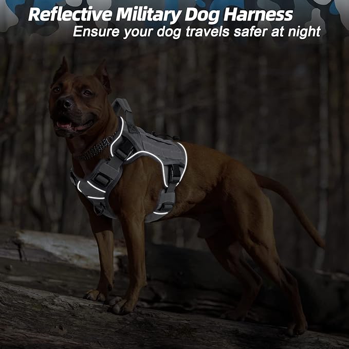 WINGOIN Grey Harness with Handle, Metal Buckles Tactical Dog Harness Vest for Large Medium Dogs No Pull Adjustable Reflective K9 Military Dog Vest Harnesses for Walking, Hiking, Training(M)