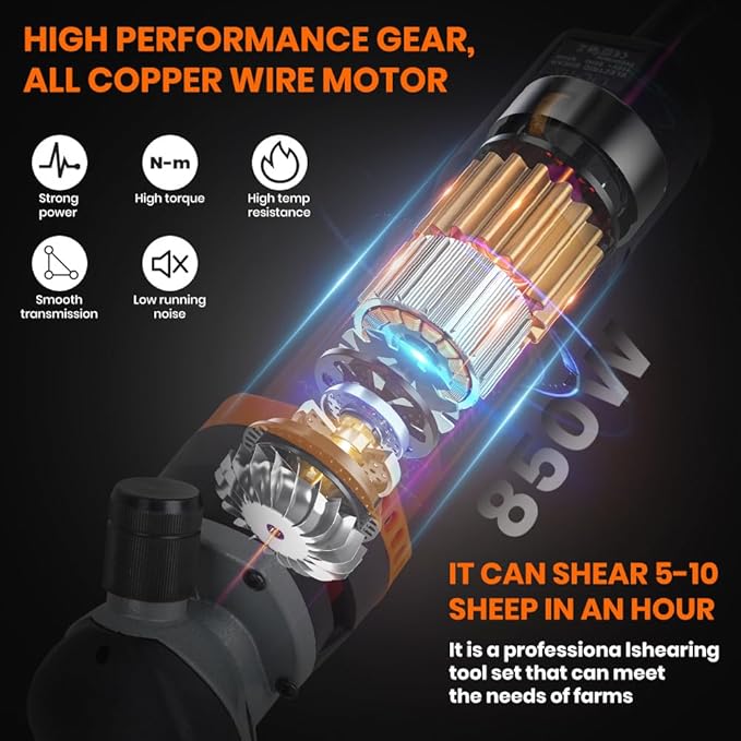 Sheep Shears Electric 850W Professional Heavy Duty Shearing Clipper with 6 Speed, for Shaving Fur Wool in Sheep, Goat, Cattle, and Other Farm Livestock Pet, with Carrying Case and Spare Blade