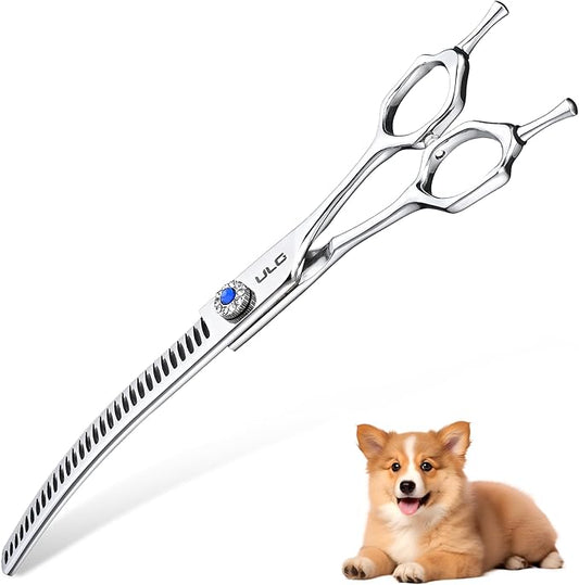 ULG 7.5” Curved Chunker Scissors for Dog Grooming 55%-60% Thinning Rate 30 Teeth Professional Downward Chunker Shears 440C Japanese Stainless Steel Tension Adjustable Left & Right Handed