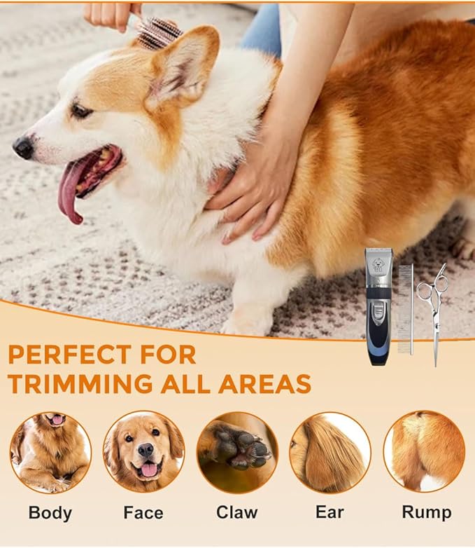 Dog Clippers Cat Clippers for Grooming Low Noise, Rechargeable, Cordless, Pet Shaver for Matted Hair, Quiet Animal Trimmer Pet Hair Thick Coats, for Dogs, Cats, Rabbits (Gray)