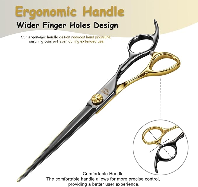7.5'' Professional Straight Dog Grooming Scissors with Decorative Screw Sharp and Durable Black and Gold 440C Stainless Steel Dog Shears Easy Use for Groomers and Home user.