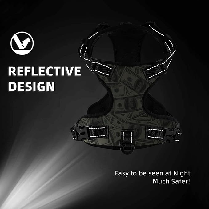 No Pull Dog Harness for Small Dogs Easy Walk Dog Vest Adjustable Collars Harnesses & Leashes Set Breathable Oxford Outdoor Walking Safety Reflective Strip Dollar Cash Prints