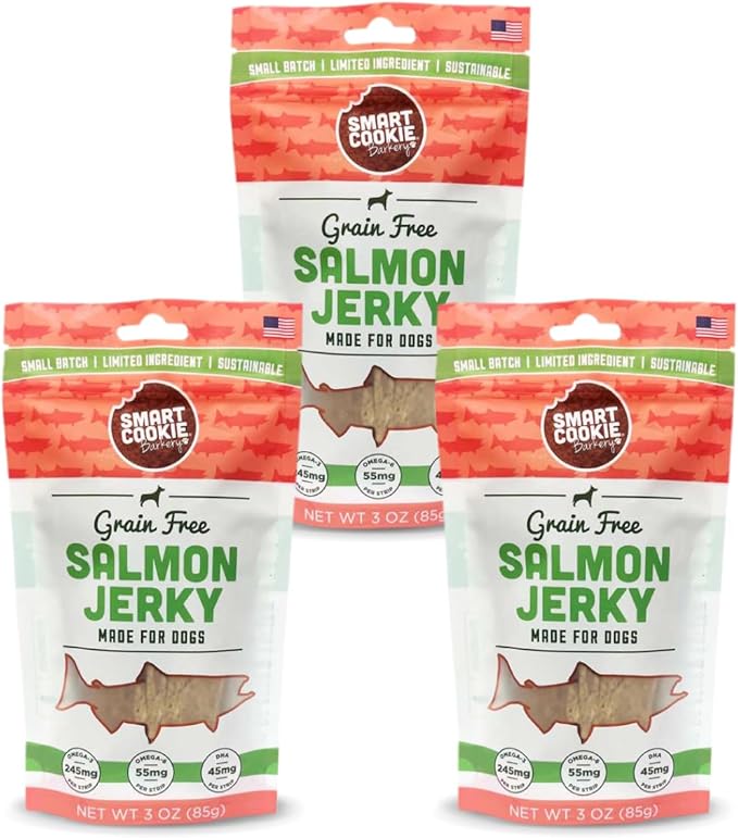Smart Cookie Salmon Jerky Dog Treats - DHA, Omega Strips for Dogs & Puppies with Allergies, Sensitive Stomachs with Wild Caught Alaskan Salmon- Dehydrated, Grain Free, Made in USA - 3oz Bag, Pack of 3